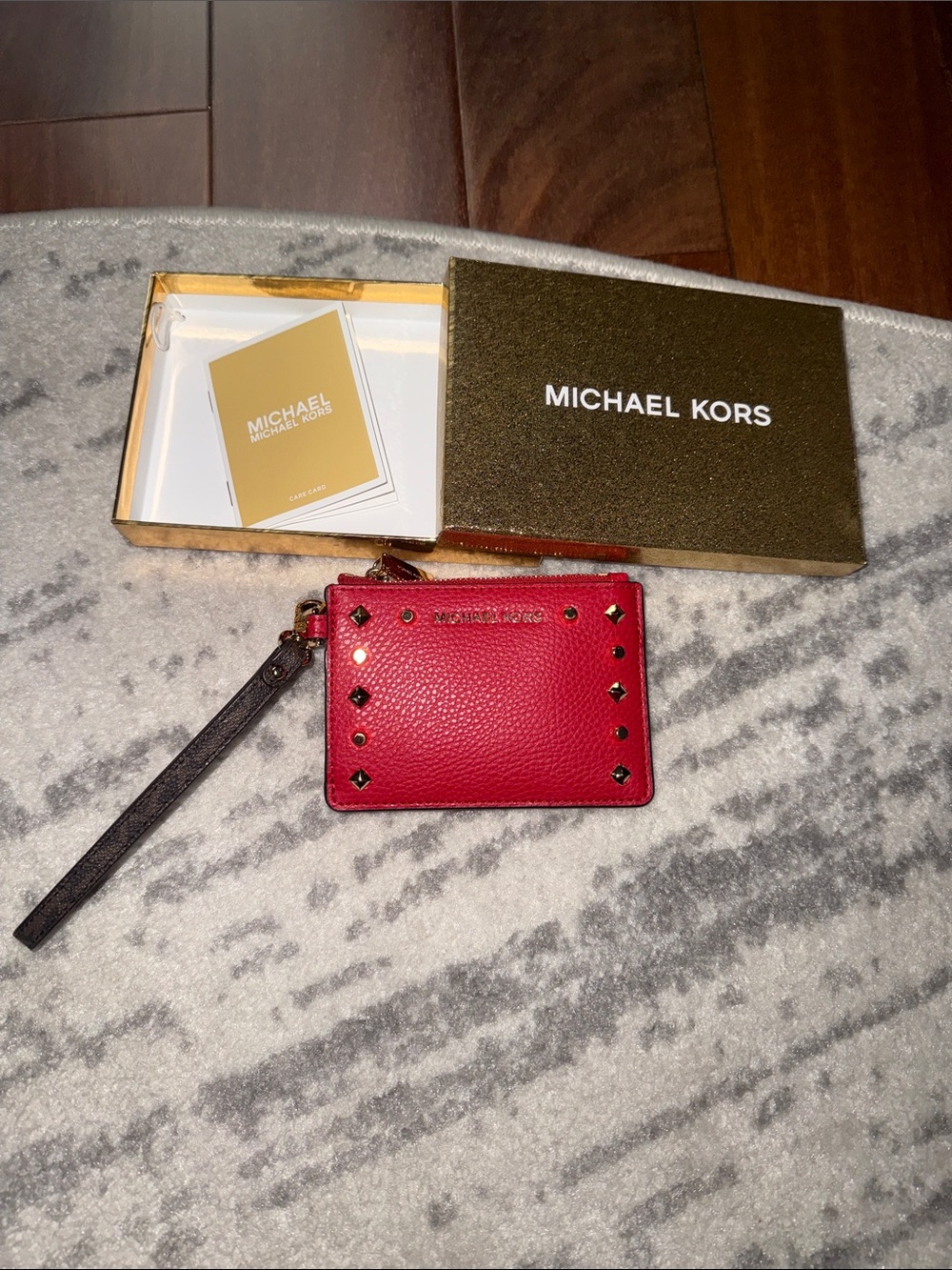 Michael Kors Red Studded Leather Wristlet Card Case
